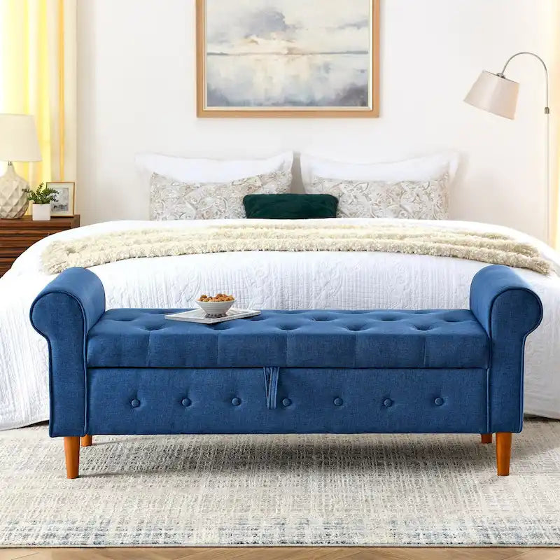 Diamond-Tufted Storage Bench with Rolled Arms and Snap Hinge Lid – Beige / Grey / Black / Blue, 2-Person Use