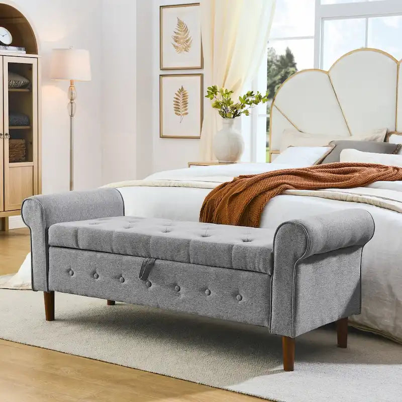 Diamond-Tufted Storage Bench with Rolled Arms and Snap Hinge Lid – Beige / Grey / Black / Blue, 2-Person Use