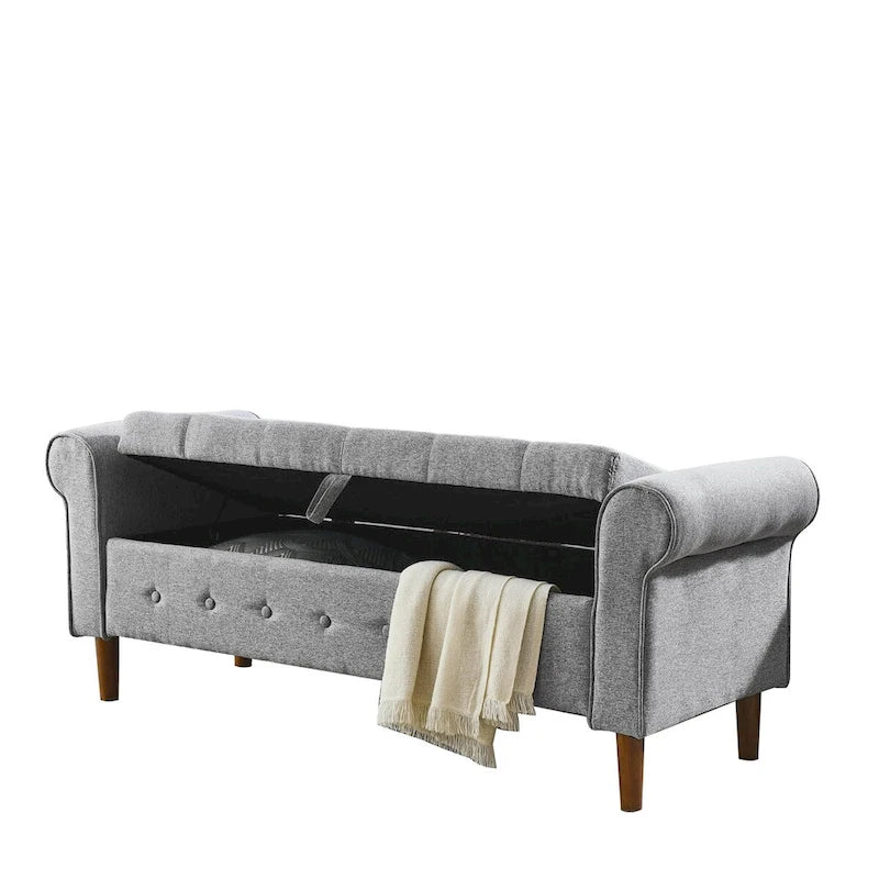 Diamond-Tufted Storage Bench with Rolled Arms and Snap Hinge Lid – Beige / Grey / Black / Blue, 2-Person Use