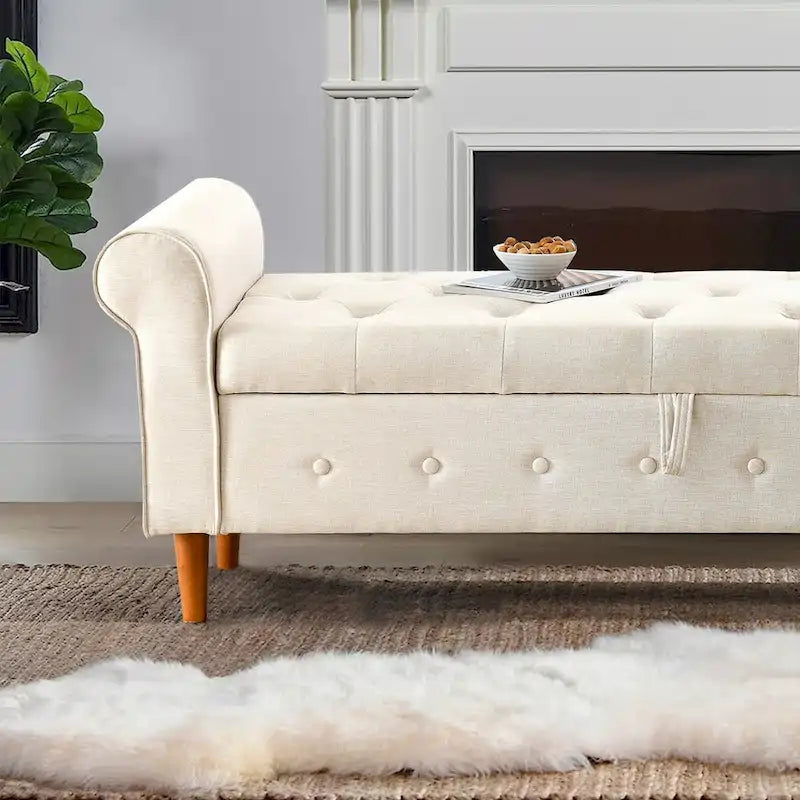 Diamond-Tufted Storage Bench with Rolled Arms and Snap Hinge Lid – Beige / Grey / Black / Blue, 2-Person Use