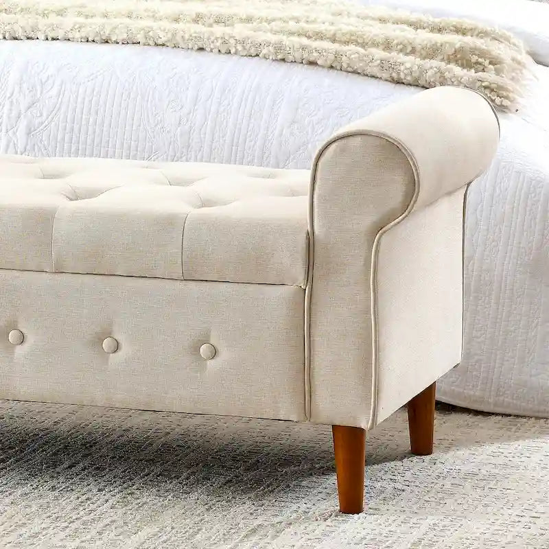 Diamond-Tufted Storage Bench with Rolled Arms and Snap Hinge Lid – Beige / Grey / Black / Blue, 2-Person Use