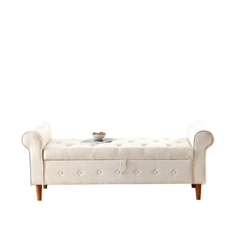 Diamond-Tufted Storage Bench with Rolled Arms and Snap Hinge Lid – Beige / Grey / Black / Blue, 2-Person Use