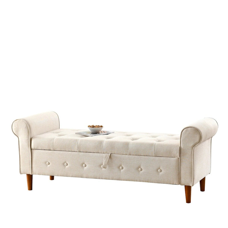 Diamond-Tufted Storage Bench with Rolled Arms and Snap Hinge Lid – Beige / Grey / Black / Blue, 2-Person Use