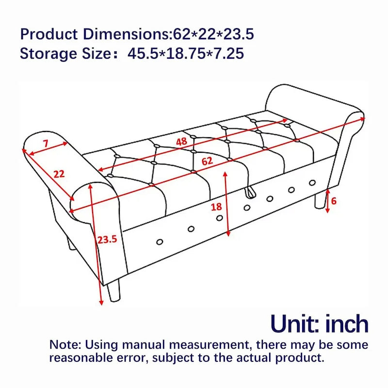 Diamond-Tufted Storage Bench with Rolled Arms and Snap Hinge Lid – Beige / Grey / Black / Blue, 2-Person Use