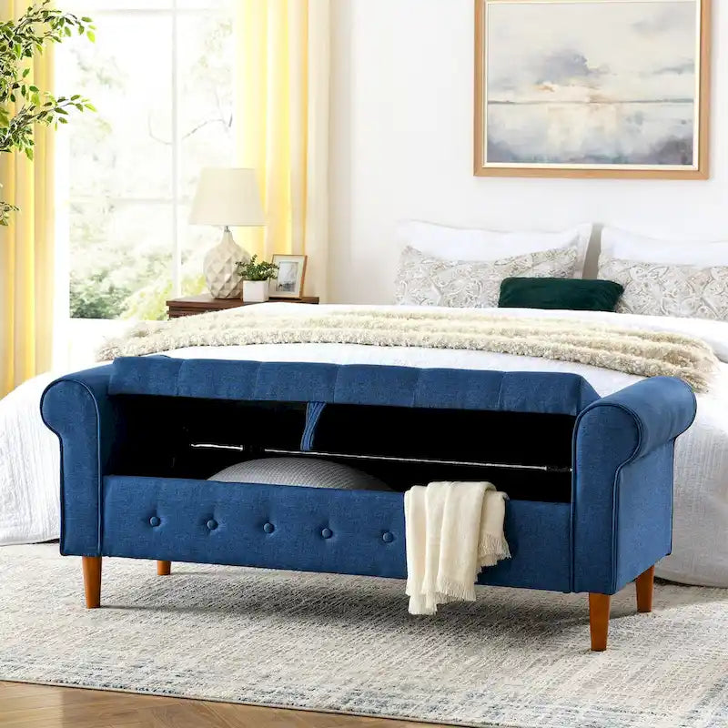 Diamond-Tufted Storage Bench with Rolled Arms and Snap Hinge Lid – Beige / Grey / Black / Blue, 2-Person Use