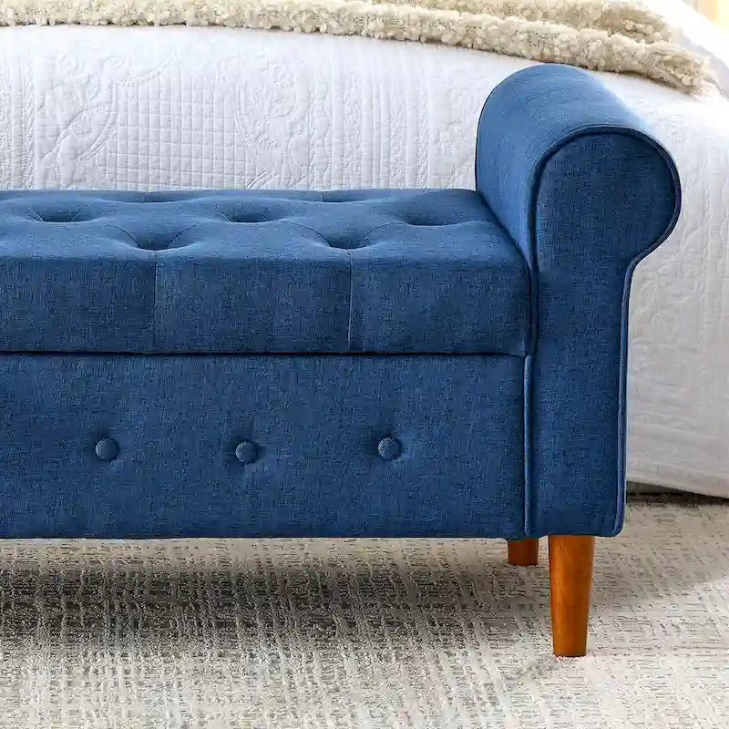 Diamond-Tufted Storage Bench with Rolled Arms and Snap Hinge Lid – Beige / Grey / Black / Blue, 2-Person Use