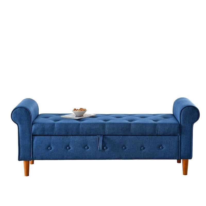 Diamond-Tufted Storage Bench with Rolled Arms and Snap Hinge Lid – Beige / Grey / Black / Blue, 2-Person Use