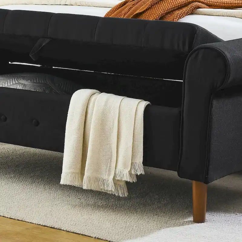 Diamond-Tufted Storage Bench with Rolled Arms and Snap Hinge Lid – Beige / Grey / Black / Blue, 2-Person Use