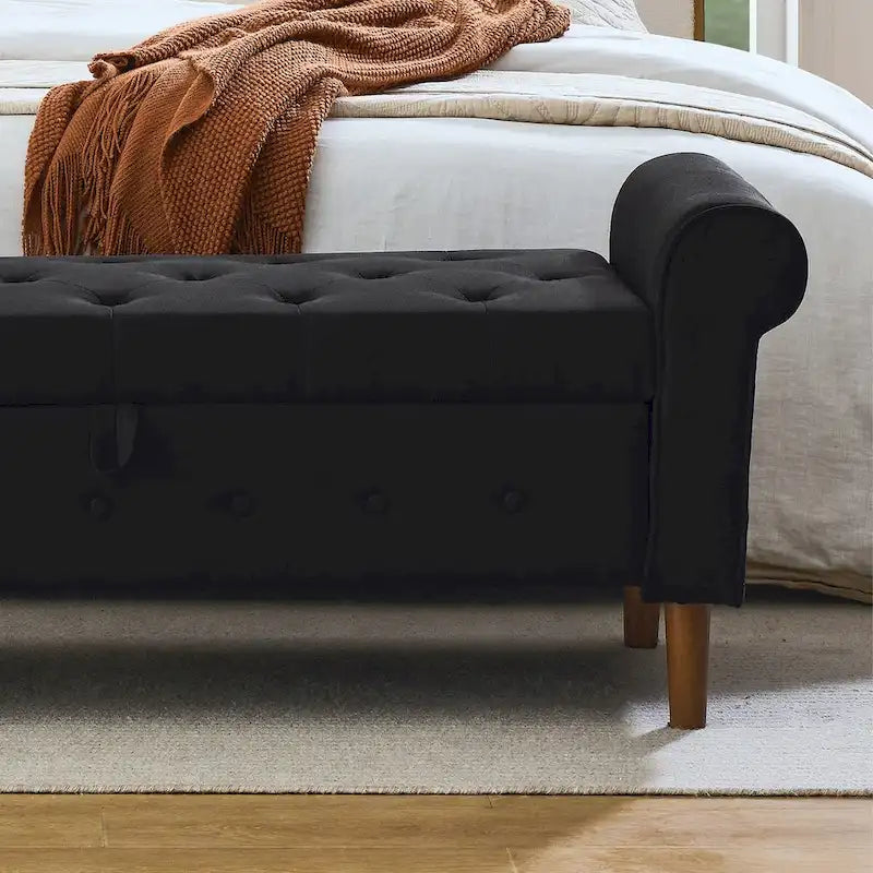 Diamond-Tufted Storage Bench with Rolled Arms and Snap Hinge Lid – Beige / Grey / Black / Blue, 2-Person Use