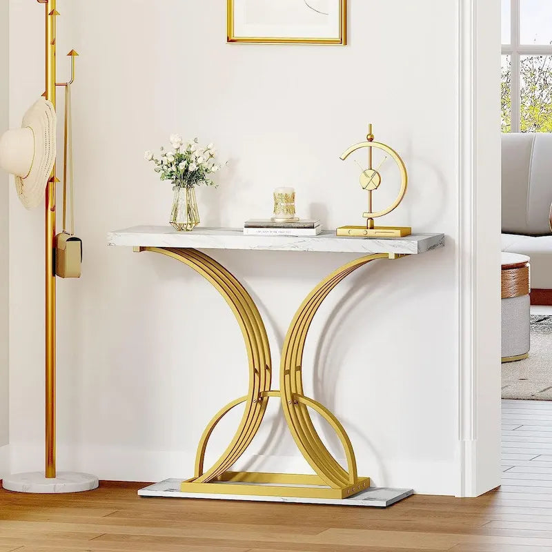 Slim Faux Marble Console Table with C-Shape Gold Metal Base – Black/Gold / White/Gold, 1-Unit