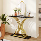 Slim Faux Marble Console Table with C-Shape Gold Metal Base – Black/Gold / White/Gold, 1-Unit