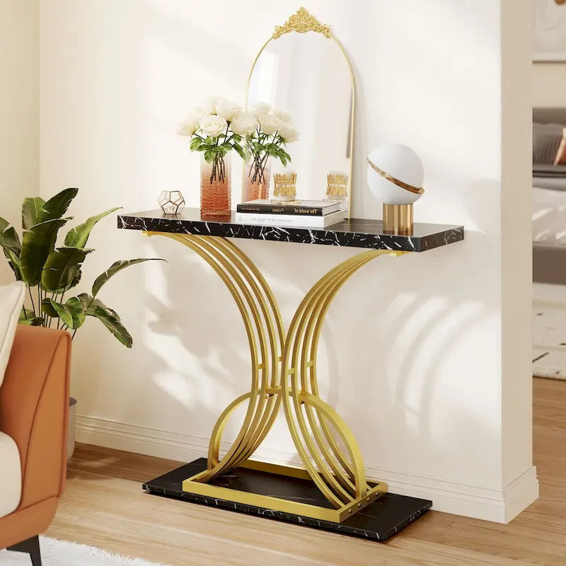 Slim Faux Marble Console Table with C-Shape Gold Metal Base – Black/Gold / White/Gold, 1-Unit