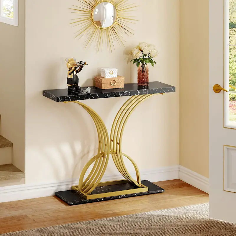 Slim Faux Marble Console Table with C-Shape Gold Metal Base – Black/Gold / White/Gold, 1-Unit
