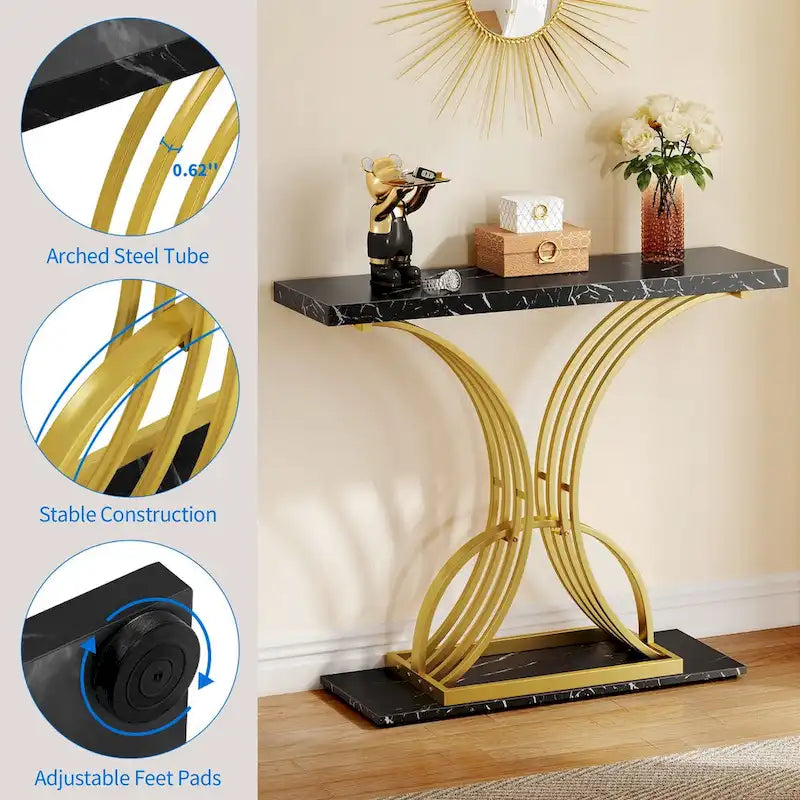 Slim Faux Marble Console Table with C-Shape Gold Metal Base – Black/Gold / White/Gold, 1-Unit