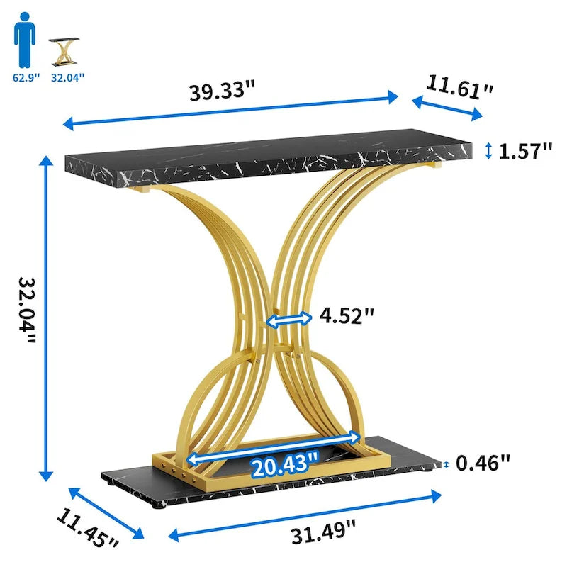 Slim Faux Marble Console Table with C-Shape Gold Metal Base – Black/Gold / White/Gold, 1-Unit