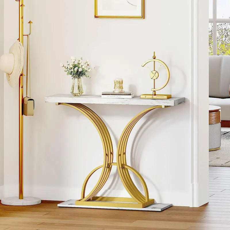 Slim Faux Marble Console Table with C-Shape Gold Metal Base – Black/Gold / White/Gold, 1-Unit