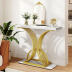 Slim Faux Marble Console Table with C-Shape Gold Metal Base – Black/Gold / White/Gold, 1-Unit