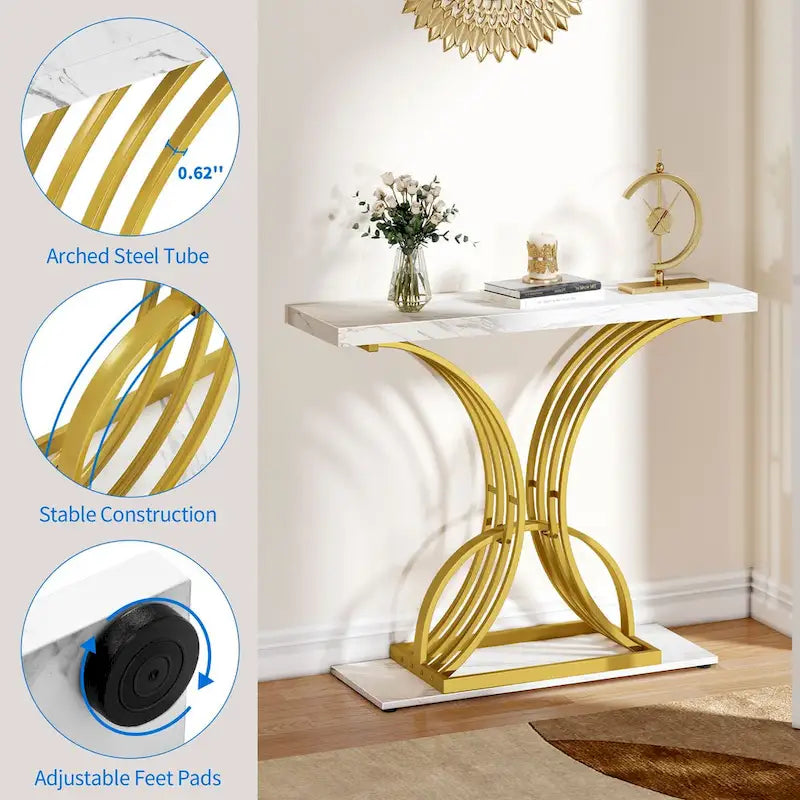 Slim Faux Marble Console Table with C-Shape Gold Metal Base – Black/Gold / White/Gold, 1-Unit