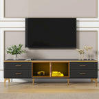 TV Stand Media Console with Glass Cabinet Doors and Gold Legs – Gold+Black / Gold+White, 1-Unit
