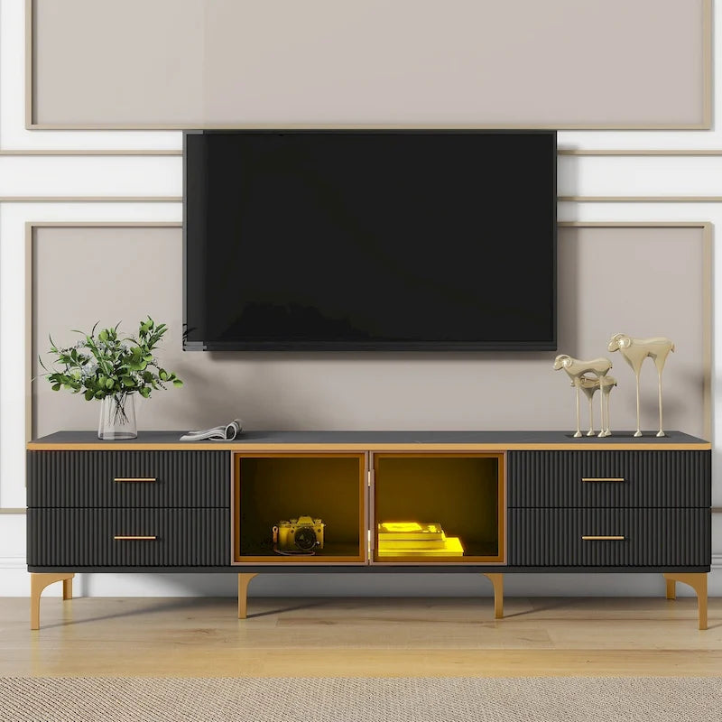 TV Stand Media Console with Glass Cabinet Doors and Gold Legs – Gold+Black / Gold+White, 1-Unit