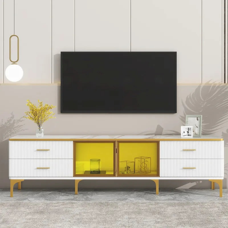 TV Stand Media Console with Glass Cabinet Doors and Gold Legs – Gold+Black / Gold+White, 1-Unit