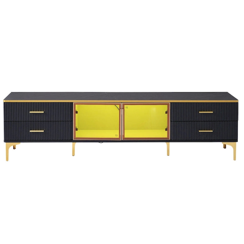 TV Stand Media Console with Glass Cabinet Doors and Gold Legs – Gold+Black / Gold+White, 1-Unit