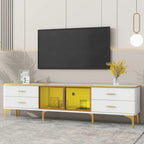 TV Stand Media Console with Glass Cabinet Doors and Gold Legs – Gold+Black / Gold+White, 1-Unit