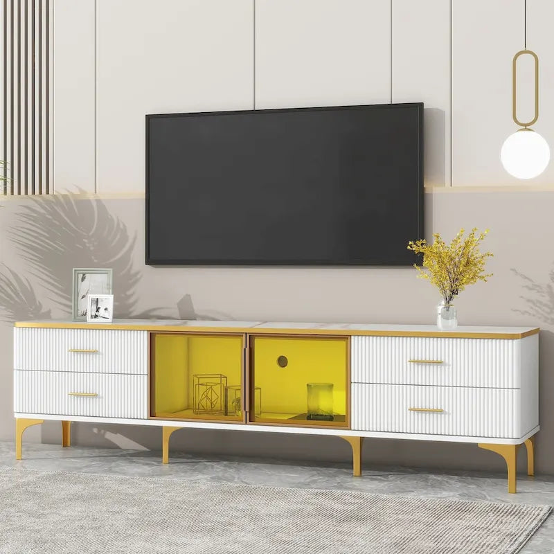 TV Stand Media Console with Glass Cabinet Doors and Gold Legs – Gold+Black / Gold+White, 1-Unit