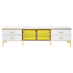 TV Stand Media Console with Glass Cabinet Doors and Gold Legs – Gold+Black / Gold+White, 1-Unit