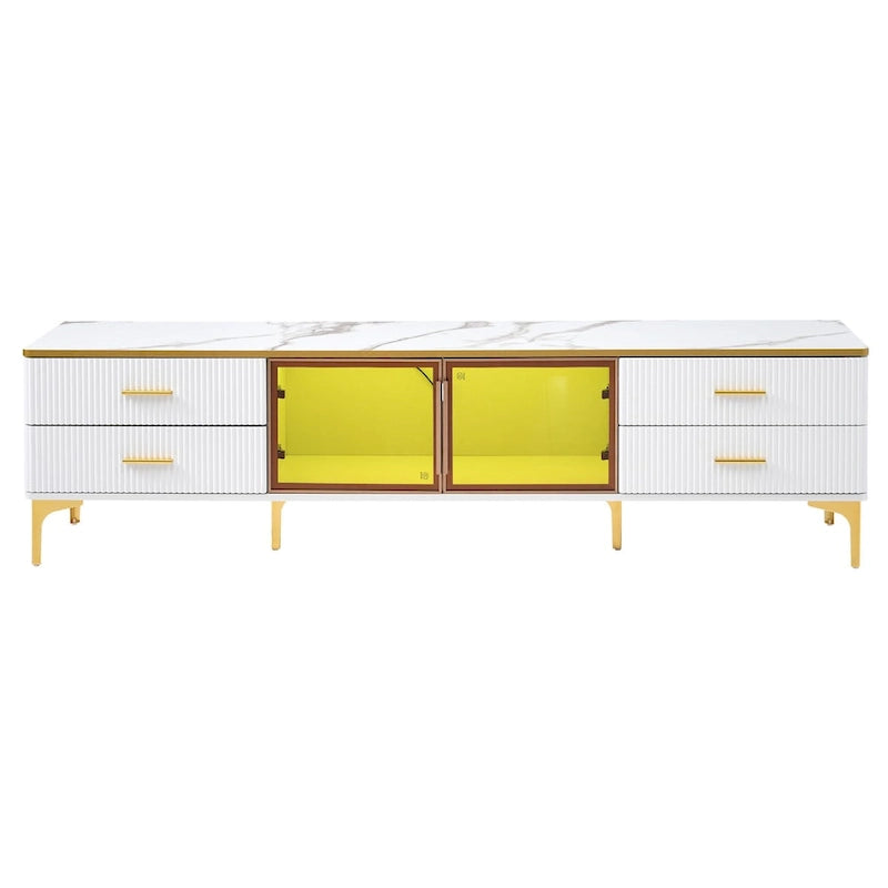TV Stand Media Console with Glass Cabinet Doors and Gold Legs – Gold+Black / Gold+White, 1-Unit