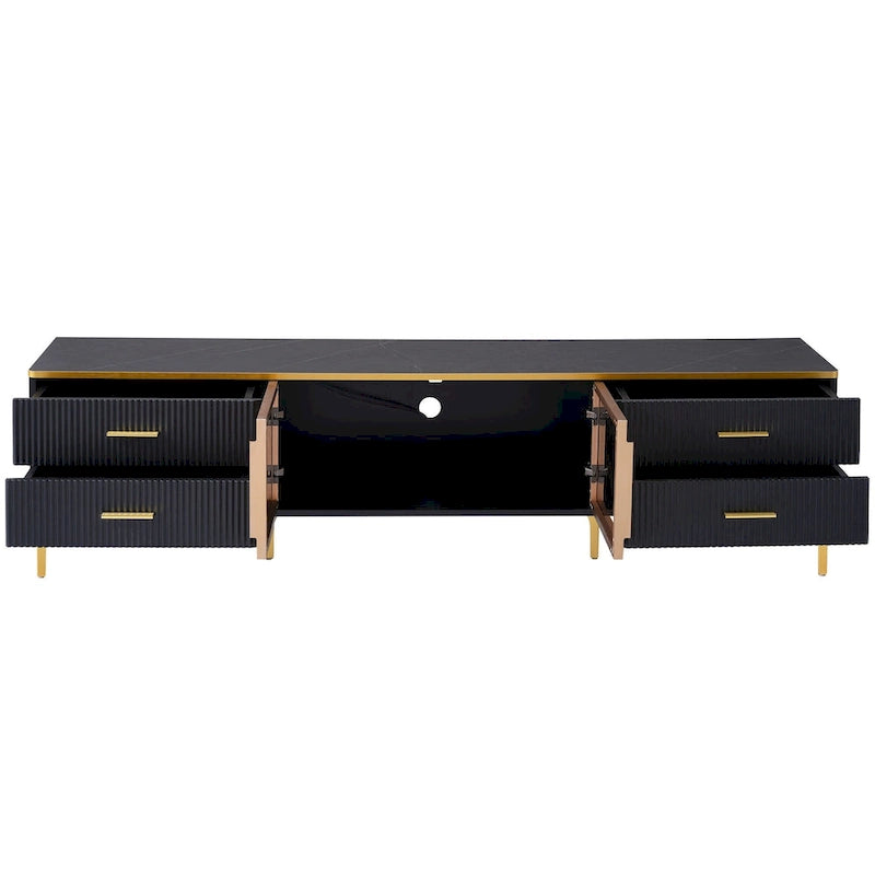 TV Stand Media Console with Glass Cabinet Doors and Gold Legs – Gold+Black / Gold+White, 1-Unit