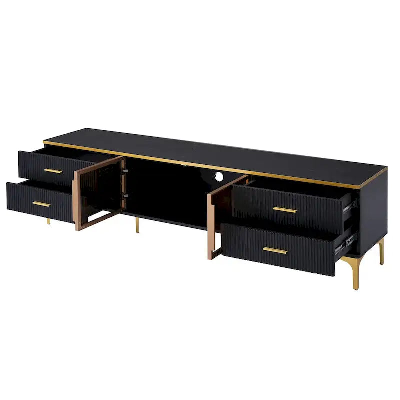TV Stand Media Console with Glass Cabinet Doors and Gold Legs – Gold+Black / Gold+White, 1-Unit