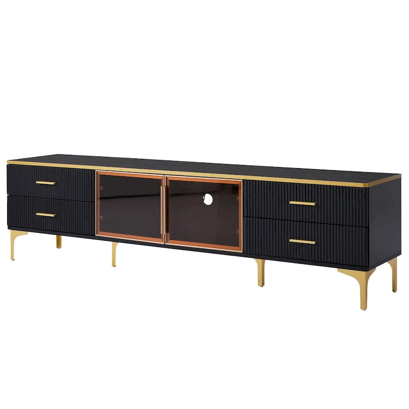 TV Stand Media Console with Glass Cabinet Doors and Gold Legs – Gold+Black / Gold+White, 1-Unit
