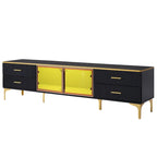 TV Stand Media Console with Glass Cabinet Doors and Gold Legs – Gold+Black / Gold+White, 1-Unit