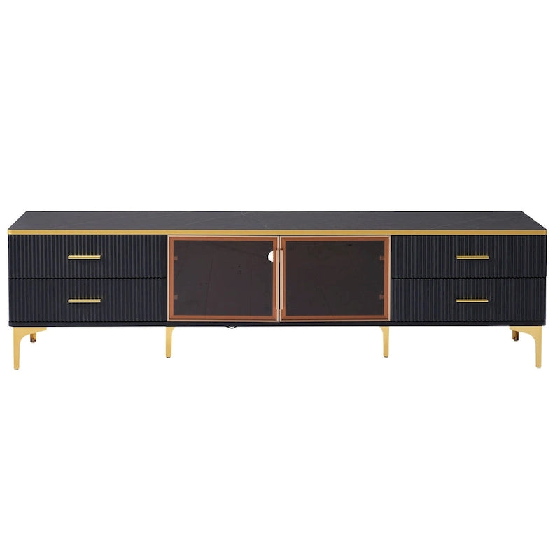 TV Stand Media Console with Glass Cabinet Doors and Gold Legs – Gold+Black / Gold+White, 1-Unit