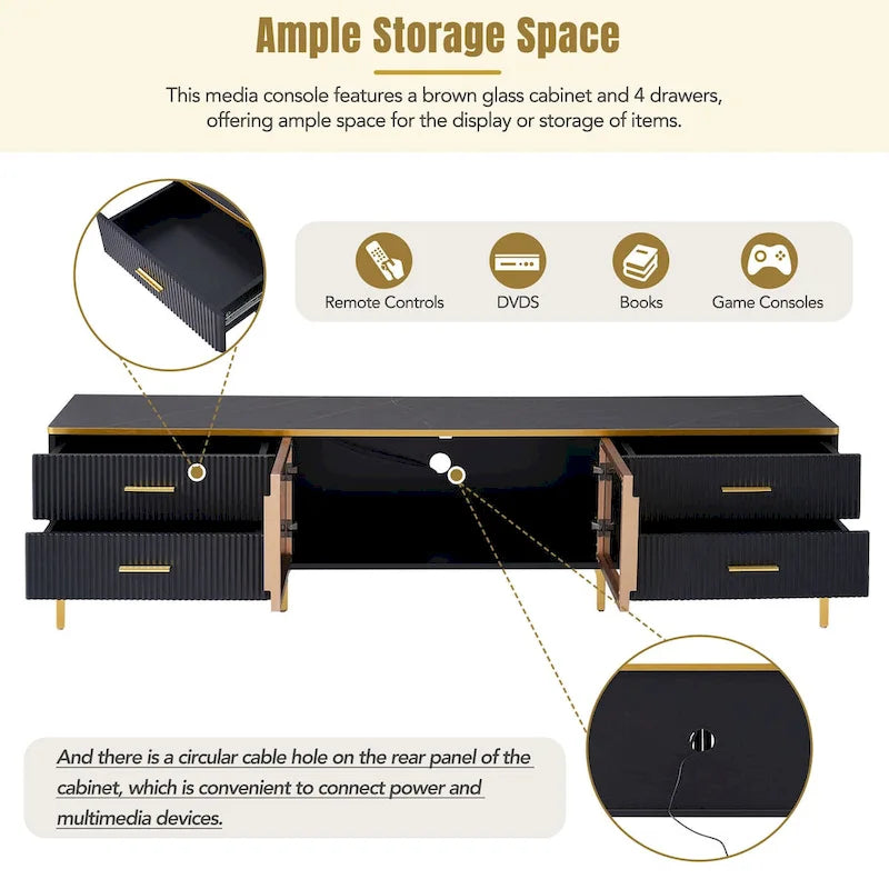 TV Stand Media Console with Glass Cabinet Doors and Gold Legs – Gold+Black / Gold+White, 1-Unit