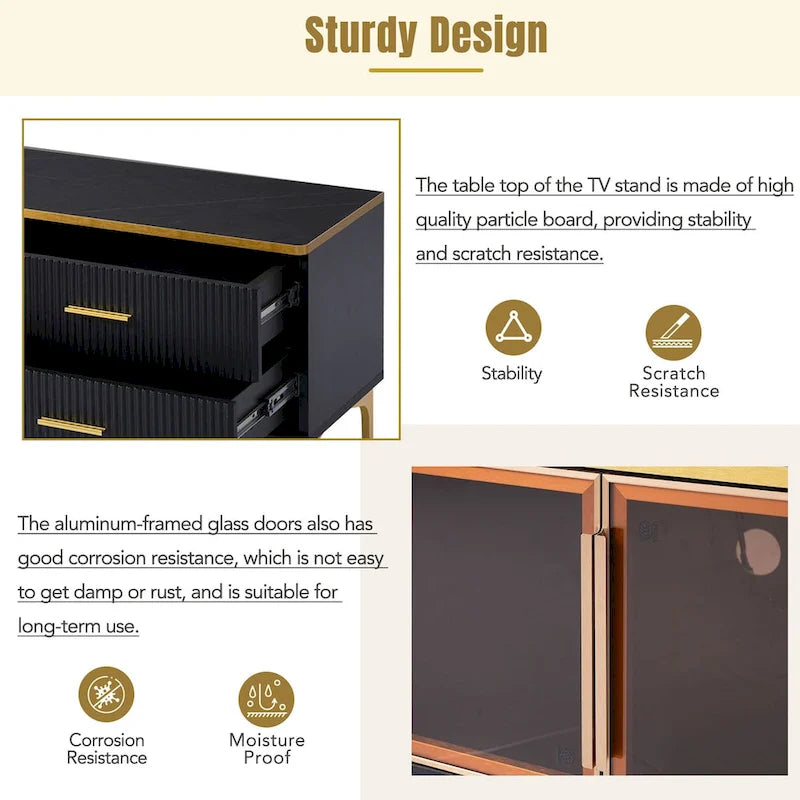 TV Stand Media Console with Glass Cabinet Doors and Gold Legs – Gold+Black / Gold+White, 1-Unit