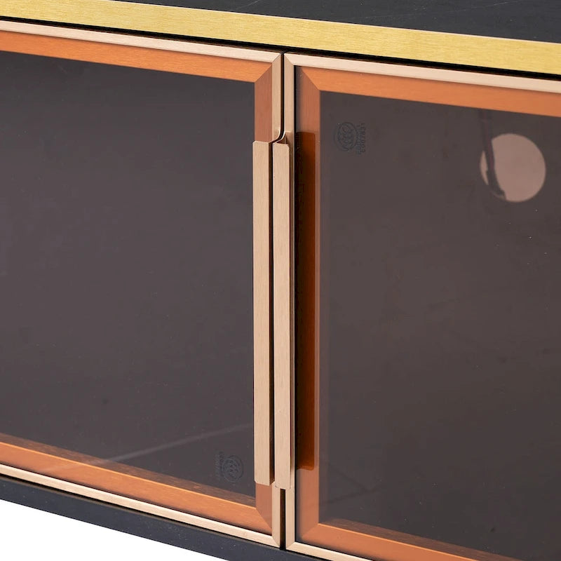 TV Stand Media Console with Glass Cabinet Doors and Gold Legs – Gold+Black / Gold+White, 1-Unit