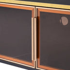 TV Stand Media Console with Glass Cabinet Doors and Gold Legs – Gold+Black / Gold+White, 1-Unit