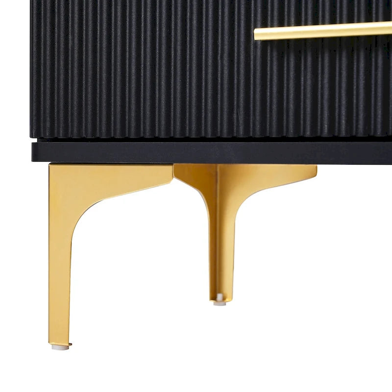 TV Stand Media Console with Glass Cabinet Doors and Gold Legs – Gold+Black / Gold+White, 1-Unit