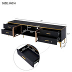TV Stand Media Console with Glass Cabinet Doors and Gold Legs – Gold+Black / Gold+White, 1-Unit