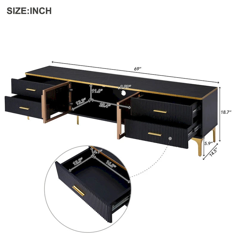 TV Stand Media Console with Glass Cabinet Doors and Gold Legs – Gold+Black / Gold+White, 1-Unit