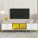 TV Stand Media Console with Glass Cabinet Doors and Gold Legs – Gold+Black / Gold+White, 1-Unit