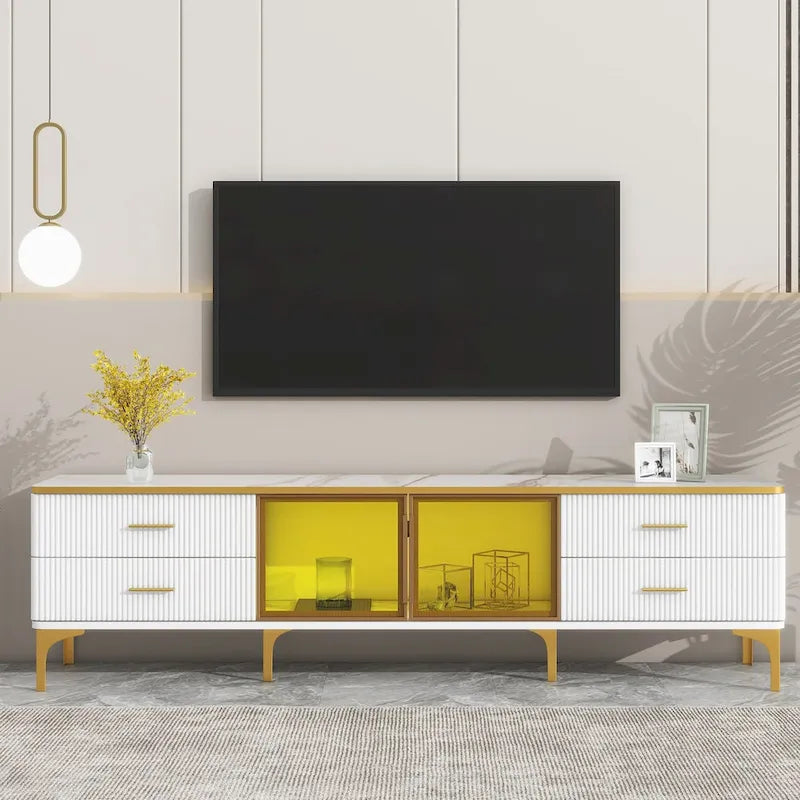 TV Stand Media Console with Glass Cabinet Doors and Gold Legs – Gold+Black / Gold+White, 1-Unit