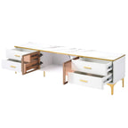 TV Stand Media Console with Glass Cabinet Doors and Gold Legs – Gold+Black / Gold+White, 1-Unit