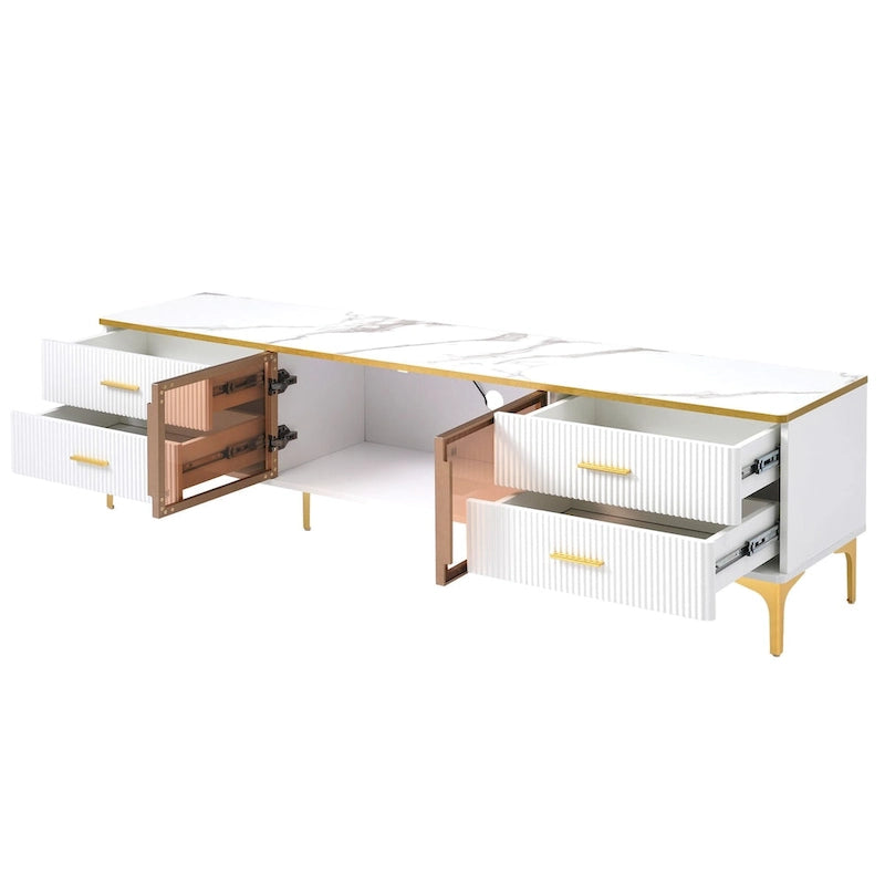 TV Stand Media Console with Glass Cabinet Doors and Gold Legs – Gold+Black / Gold+White, 1-Unit