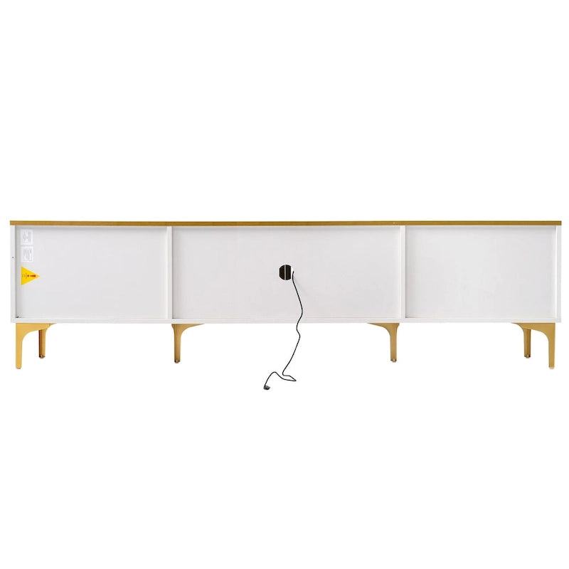 TV Stand Media Console with Glass Cabinet Doors and Gold Legs – Gold+Black / Gold+White, 1-Unit