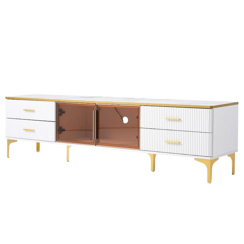 TV Stand Media Console with Glass Cabinet Doors and Gold Legs – Gold+Black / Gold+White, 1-Unit