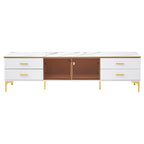 TV Stand Media Console with Glass Cabinet Doors and Gold Legs – Gold+Black / Gold+White, 1-Unit