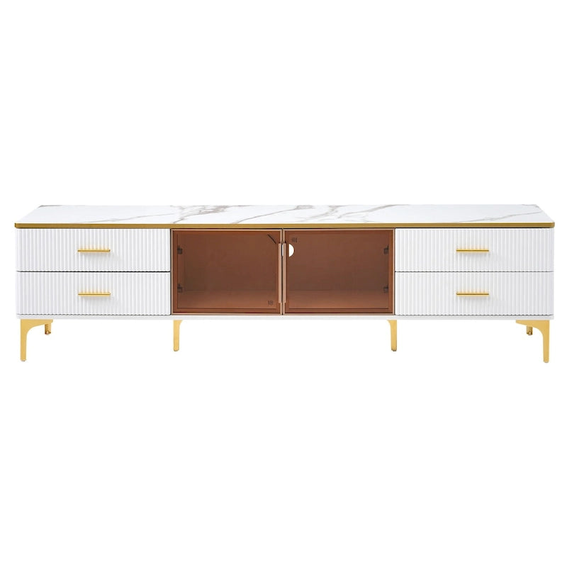 TV Stand Media Console with Glass Cabinet Doors and Gold Legs – Gold+Black / Gold+White, 1-Unit